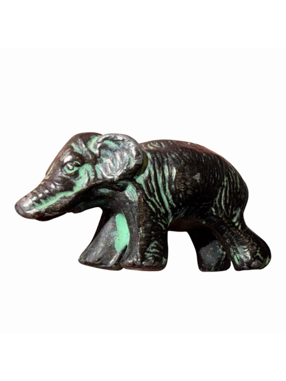 Mini Bronze Elephant Figure Green Patina Folk Art Collectible Flaw Broken Trunk‎